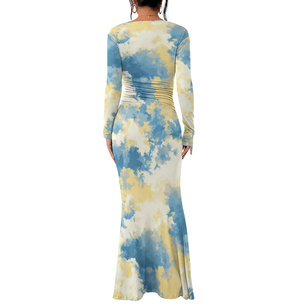 Vestido largo ajustado con cuello redondo y fruncido para mujer, manga larga, corte entallado, elegante, acampanado, para noche, cóctel o fiesta. 