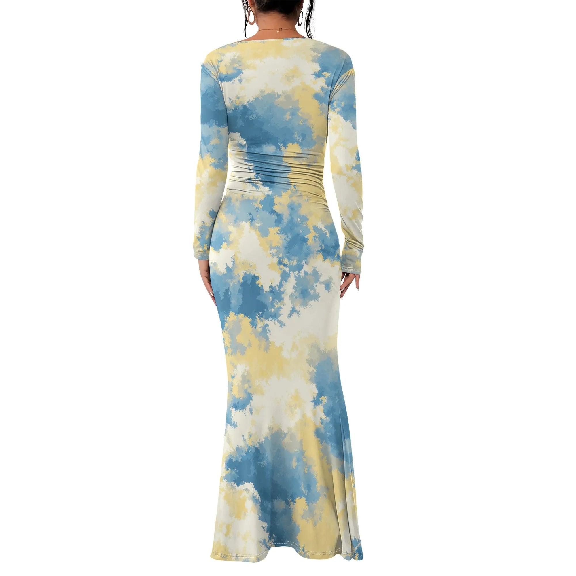 Women's Crew Neck Ruched Bodycon Maxi Dress Long Sleeve Slim Fit Elegant Flared Evening Cocktail Party Dresses