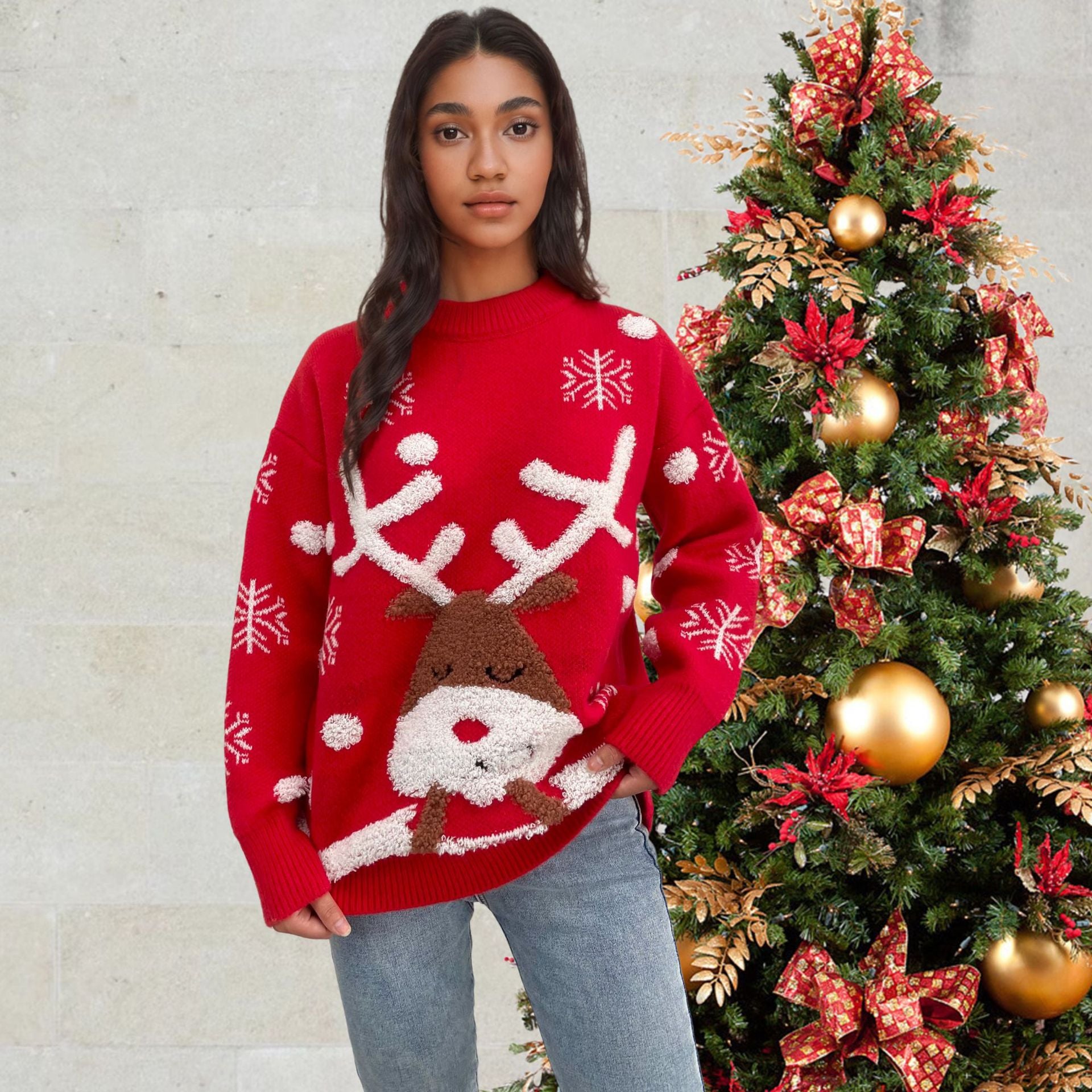 Knitted sweater top round neck Christmas red sweater for women