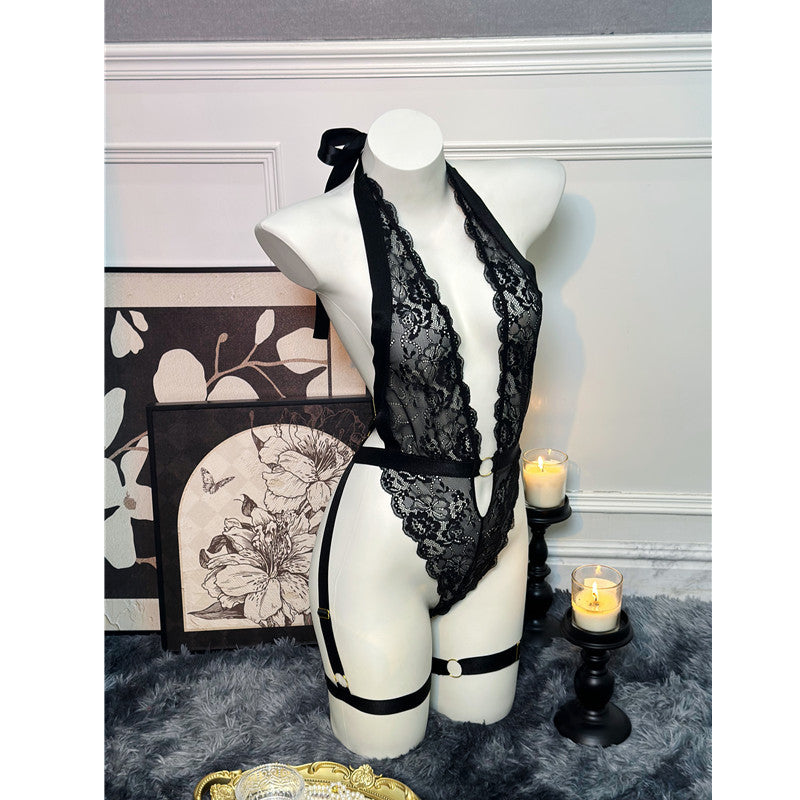 Purple Sexy Lace Bodysuit with Deep V-Neck and Shoulder Straps, Shapewear Set with Garter Belts