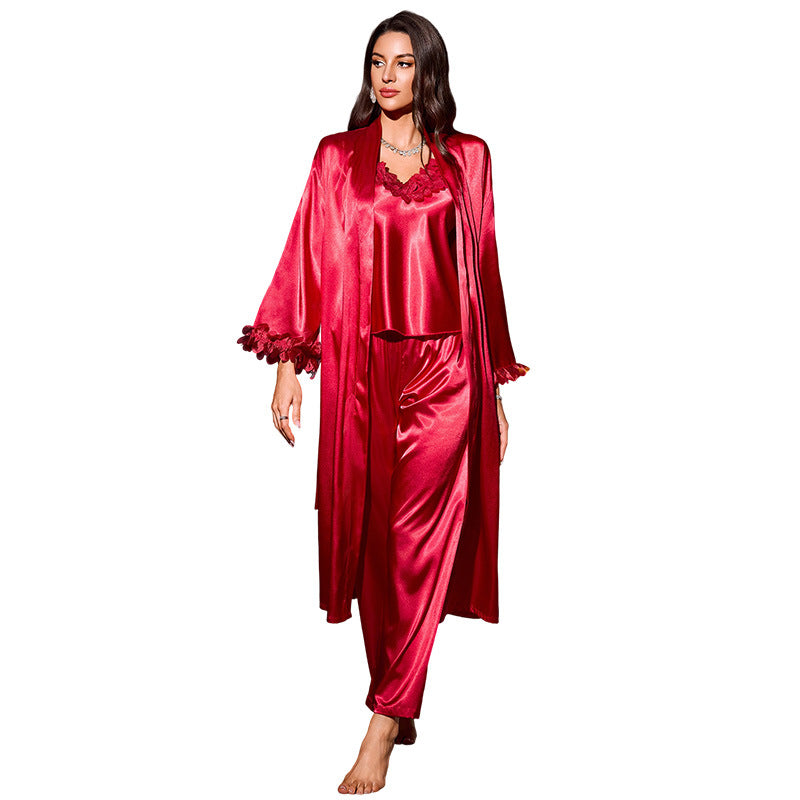 Comfortable Wearable at Home Camisole Shorts Robe Three-Piece Set