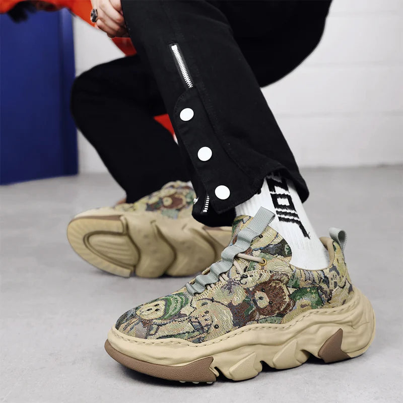 Canvas breathable thick sole height increasing dad shoes with dissolved sole, trendy sports running shoes