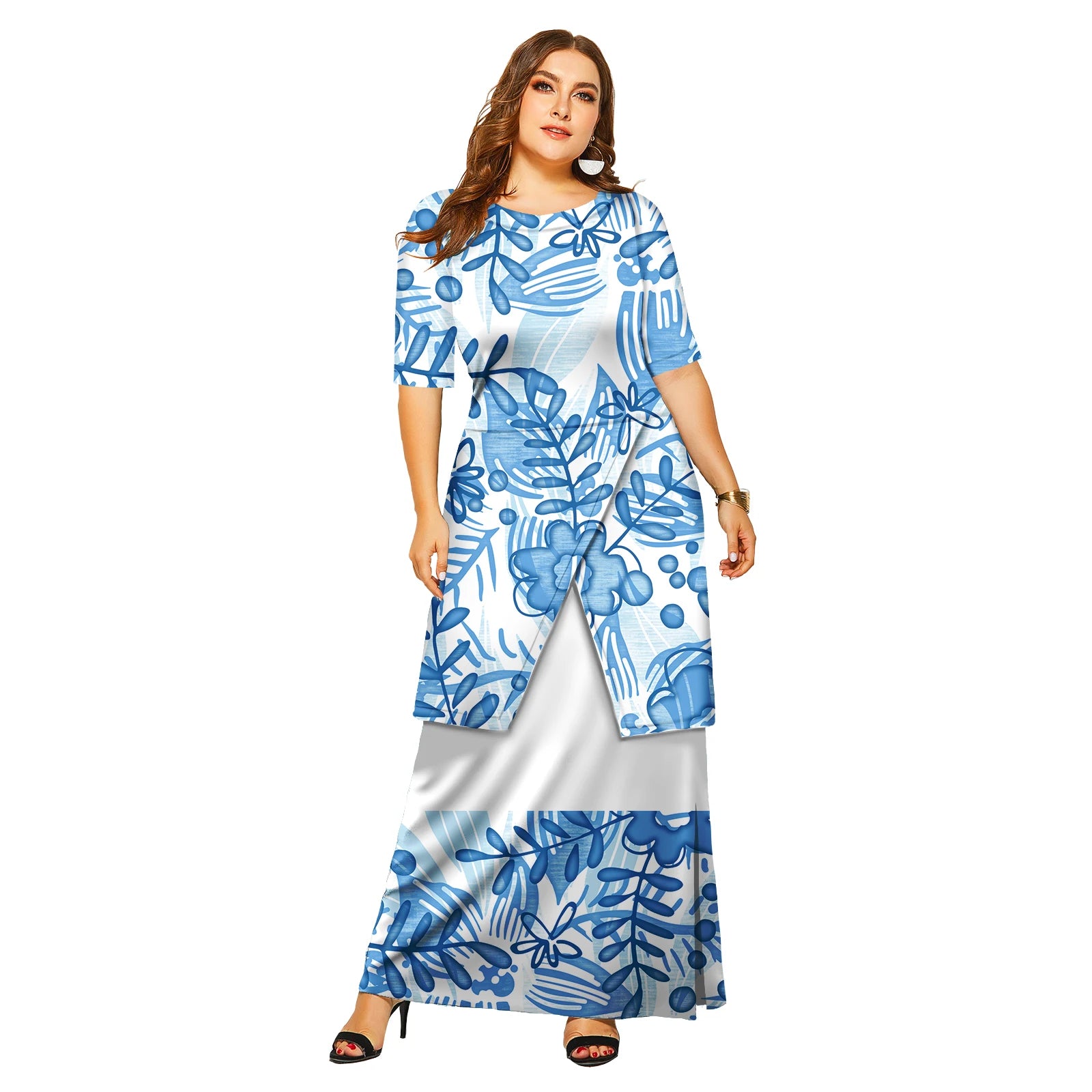 New Fashion Floral Sleeve Elegant Women Long Dress Pacific Island Hawaiian Beach Wear Puletasi Dresses