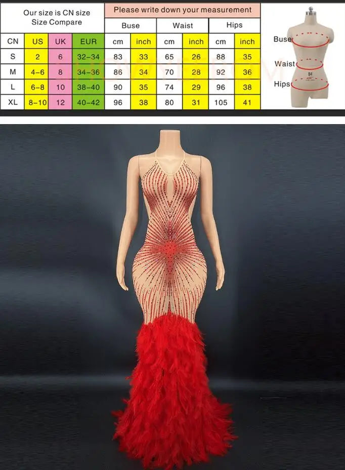 Products Blue Rhinestone Feather Dress Mesh Red Evening Elegant Evening Dresses Luxury Abito Da Cerimonia Donna Birthday Dresses
