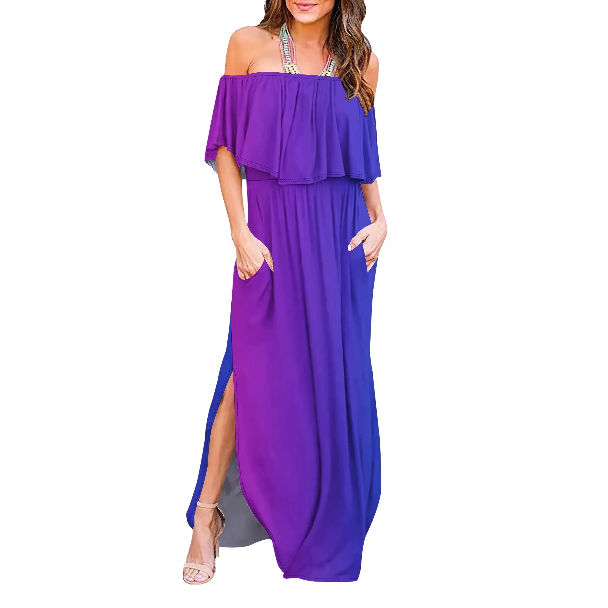 Womens Off The Shoulder Ruffle Party Dresses Side Split Beach Maxi Dress