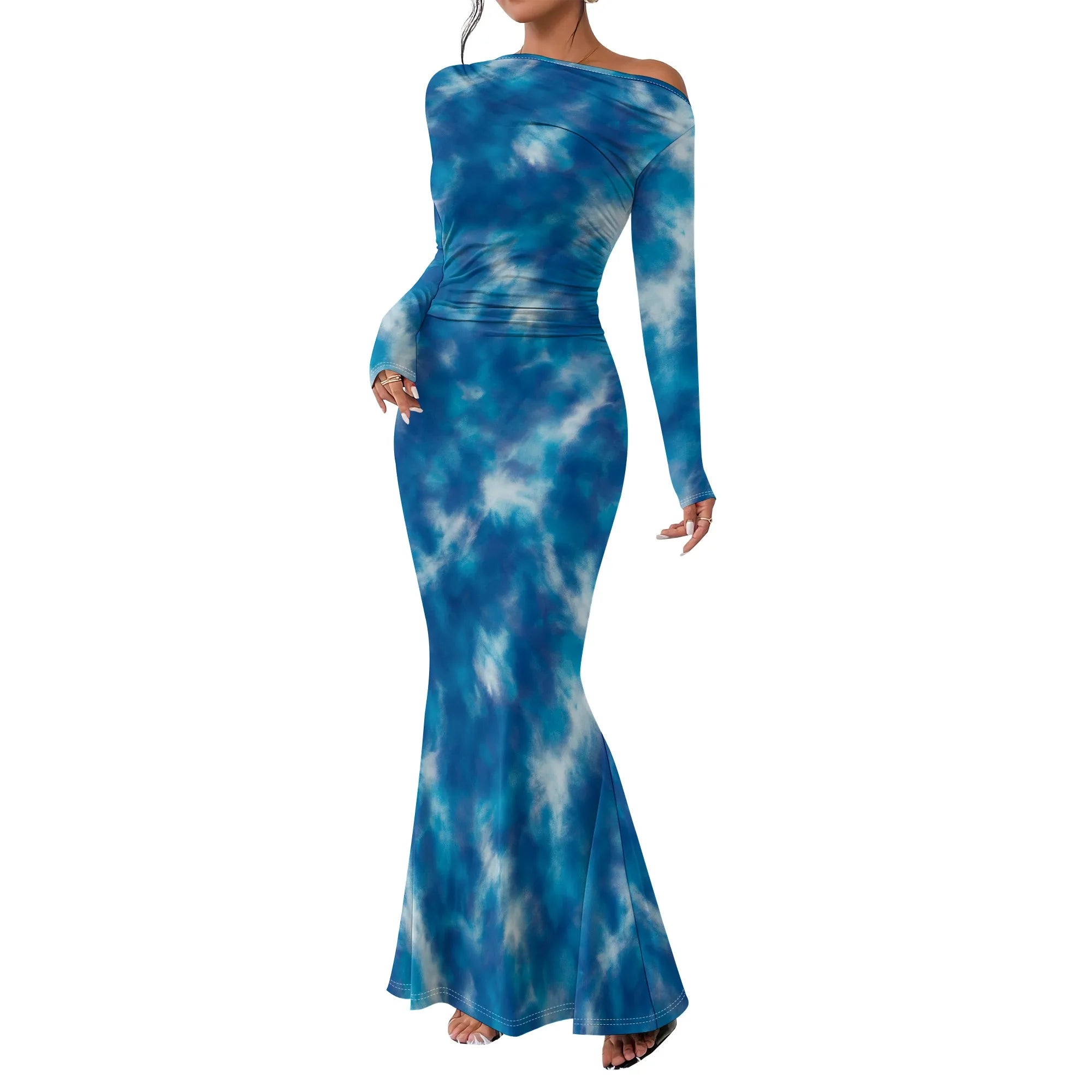 Women's Crew Neck Ruched Bodycon Maxi Dress Long Sleeve Slim Fit Elegant Flared Evening Cocktail Party Dresses