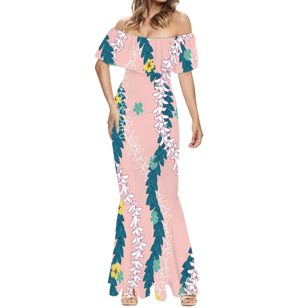 Elegante falda de cola de pez estilo Tonga con estampado floral hawaiano Puakenikeni polinesio premium 2025, hecha a medida. 