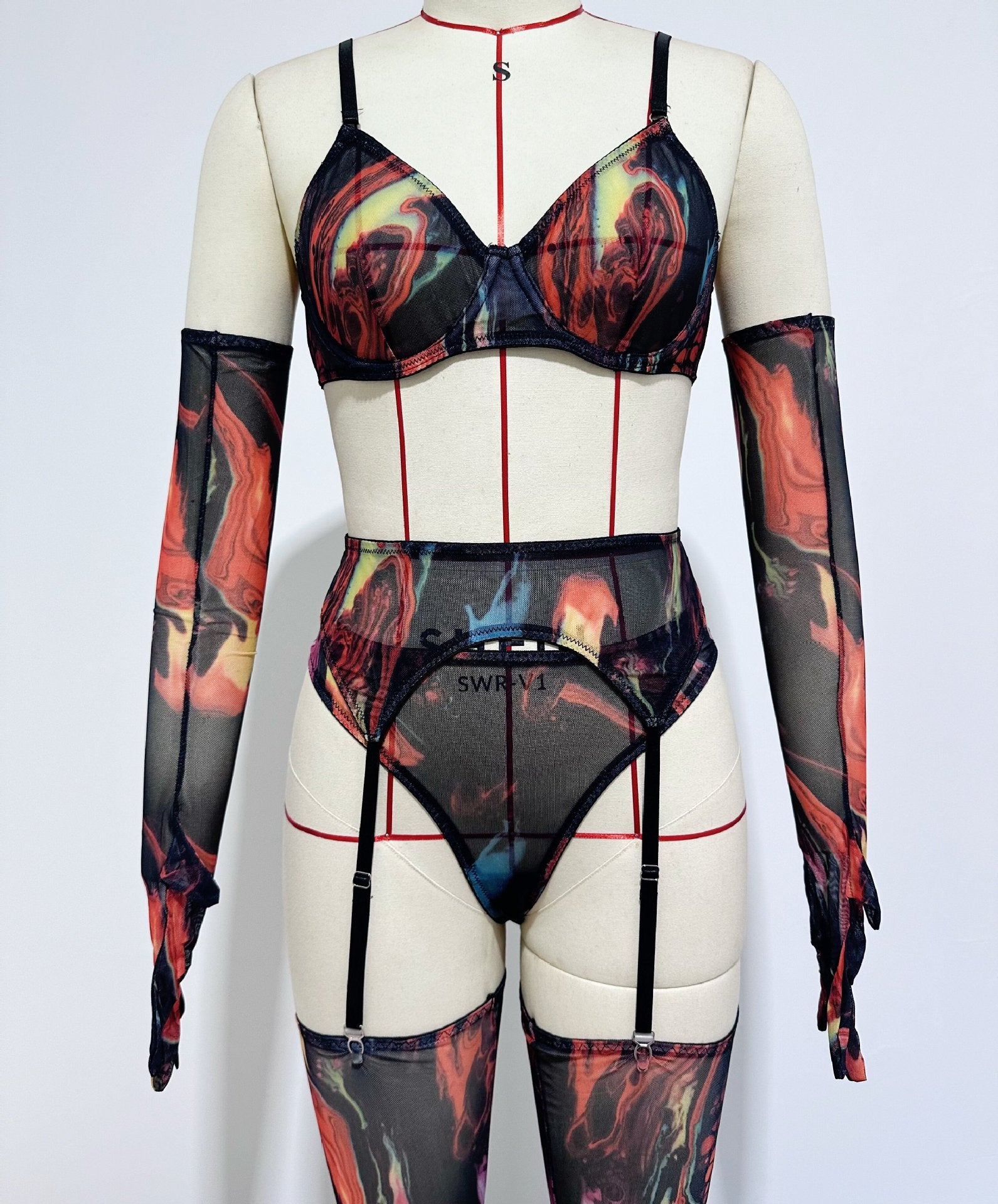 Cross-border  Sexy Underwear Five-piece Set with Gloves, Stockings, Tie-dye Design, Colorful Design, Erotic Underwear Set