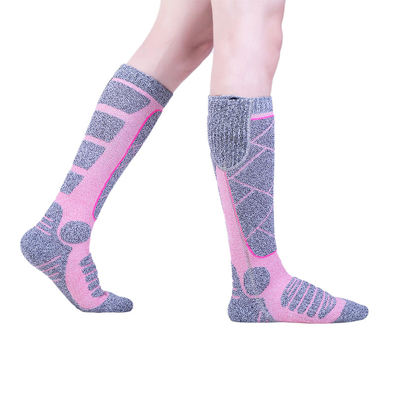 Chaussettes chauffantes intégrales pour l'hiver, rechargeables par USB, chaussettes de ski roses à chauffage électrique