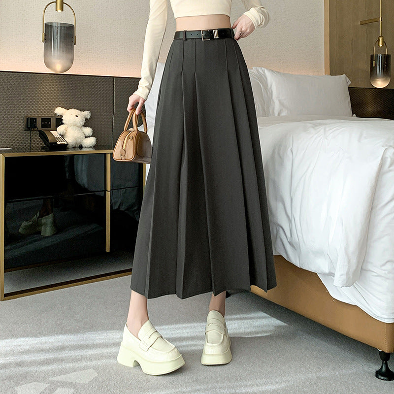 Mid-length A-line Skirt for Women High Waist Pleated Long Skirt Office Style Over-the-Knee Suit Style Umbrella Skirt