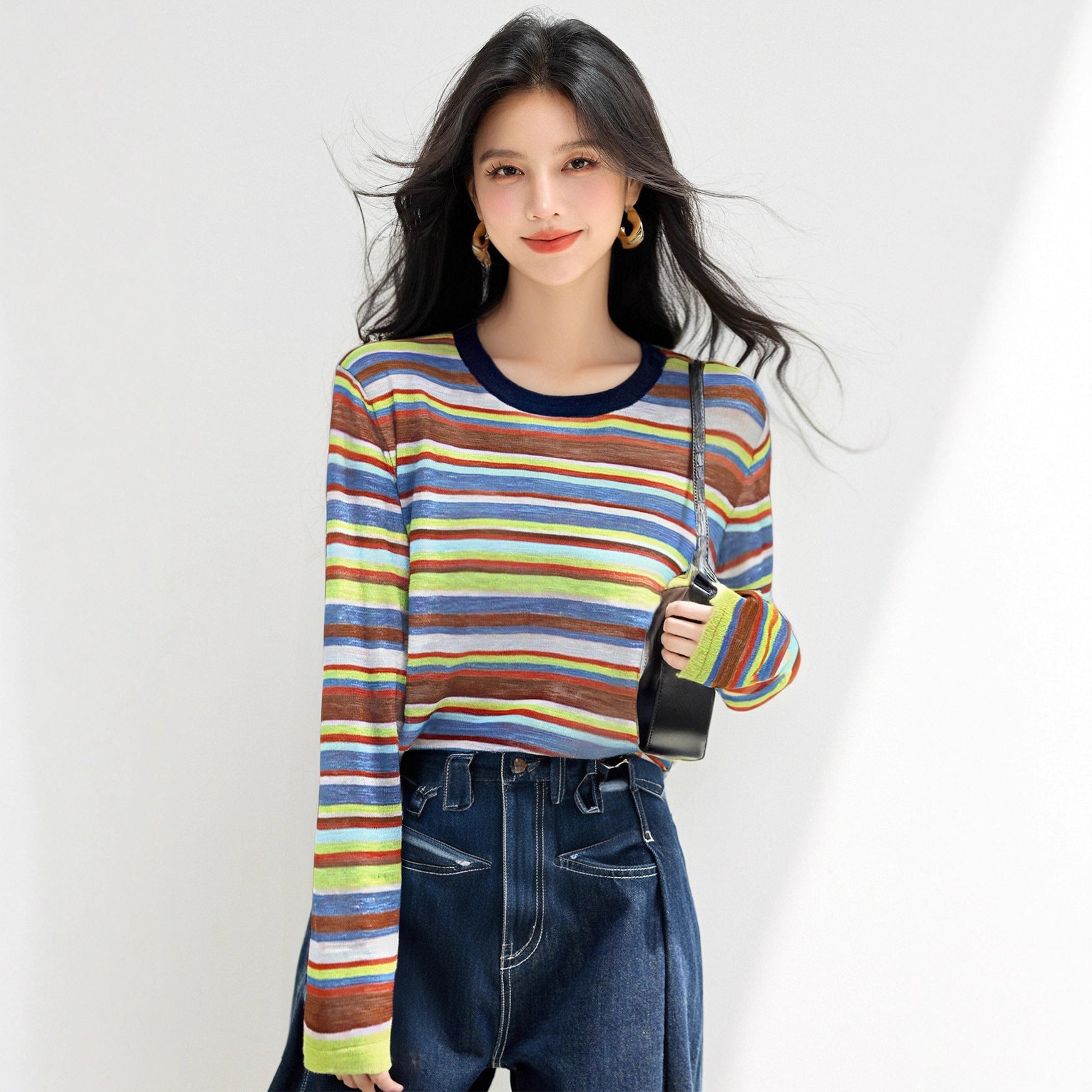 Design Sense Casual Colorful Stripe Crew Neck Knit Top for Women, Autumn Versatile Slimming Retro Basic T-Shirt