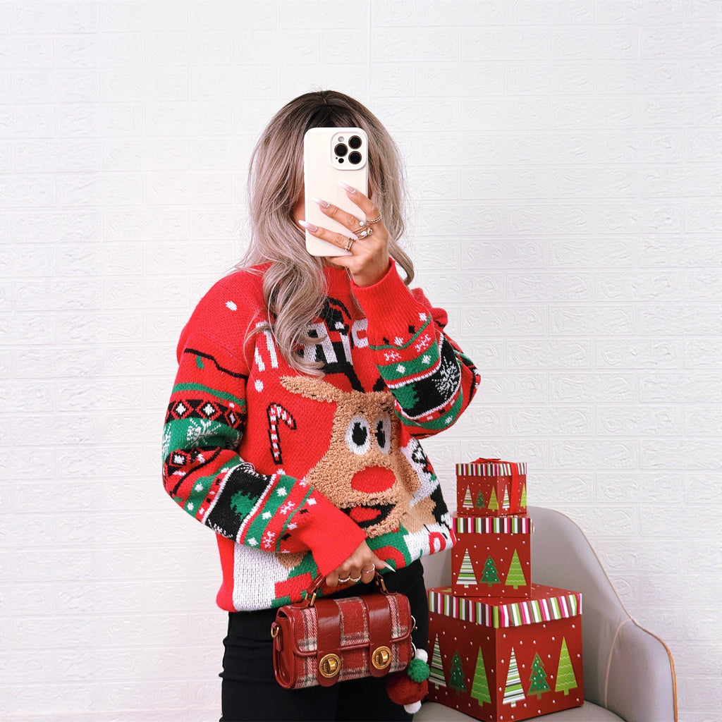 Cartoon Deer Knitted Sweater Round Neck Color Contrast Warm Loose Women's Sweater