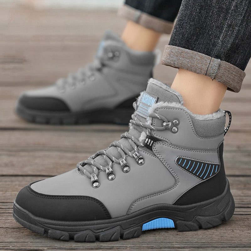 Winter new warm cotton shoes with added fleece outdoor hiking shoes thick soled snow boots high top men's shoes