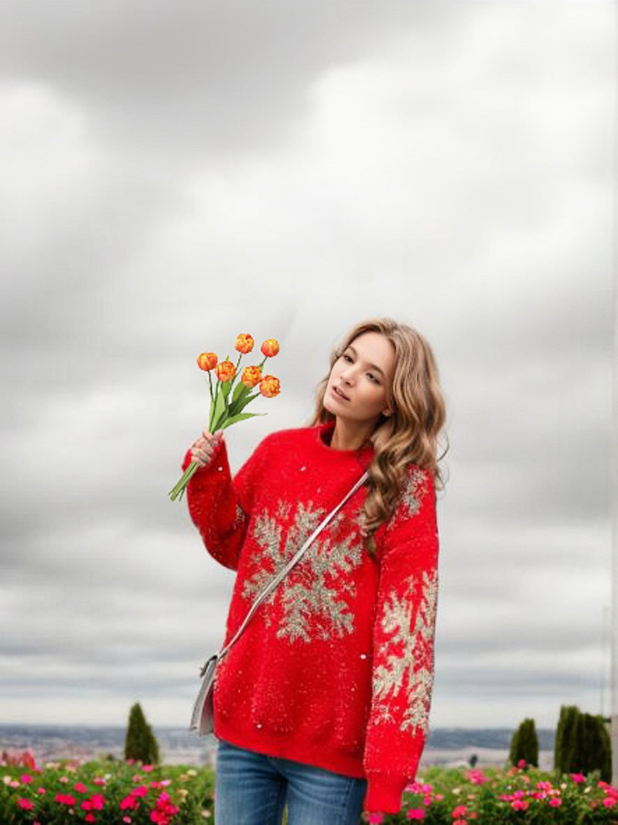 Golden Thread Snowflake Christmas Sweater Round Neck Long Sleeve Hoodie for Women