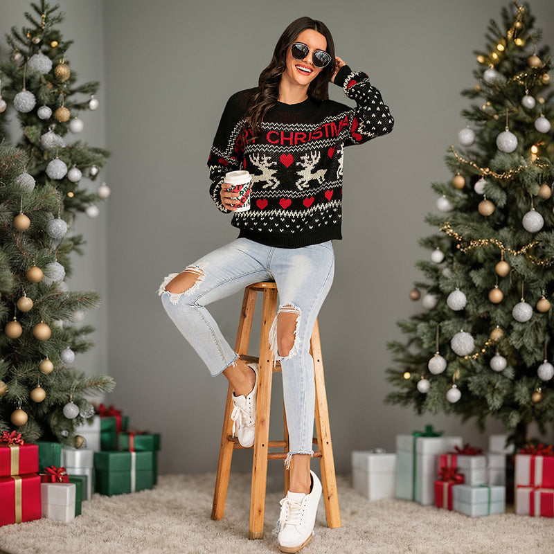 Christmas sweater autumn and winter deer jacquard pullover knitted sweater for women