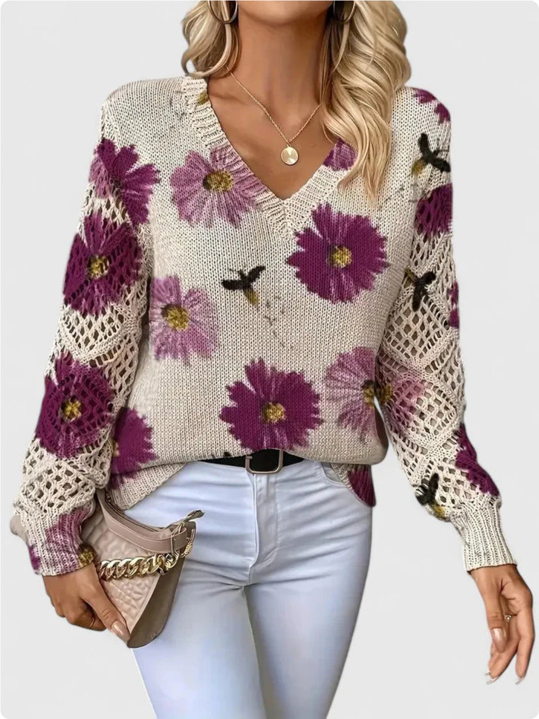Printed sweater elegant bohemian floral V-neck long sleeved top