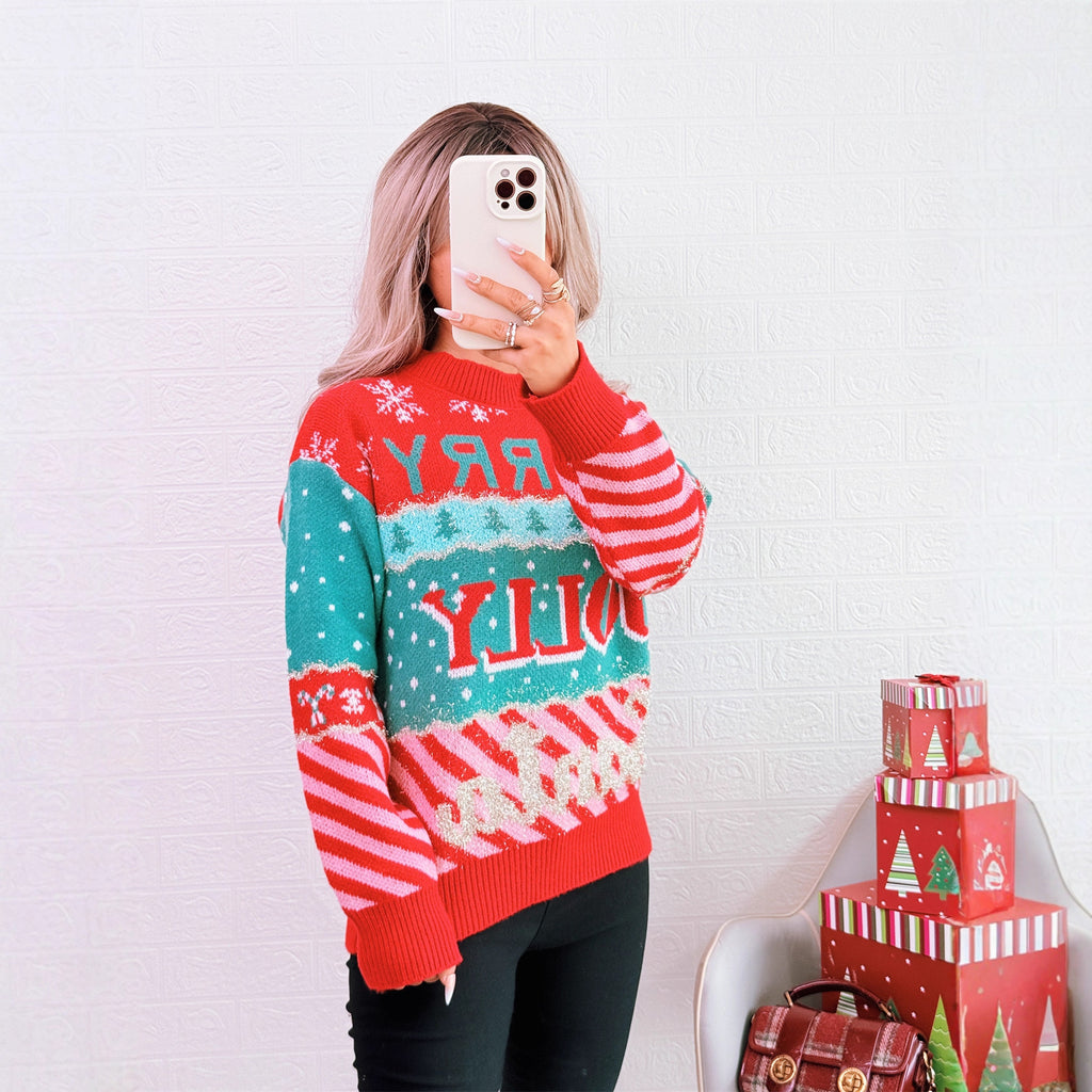Color blocking knitted pullover sweater with round neck retro long sleeved casual sweater for women