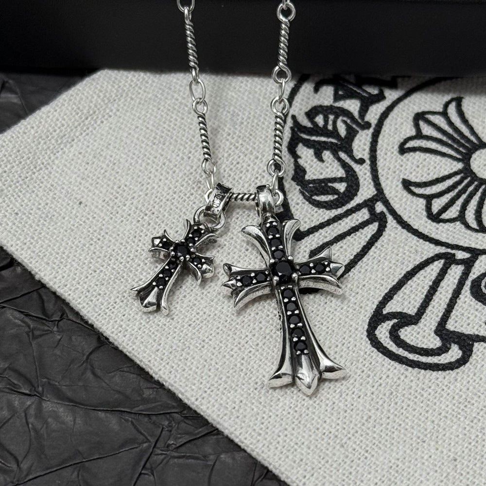 Vintage colored diamond double cross pendant necklace