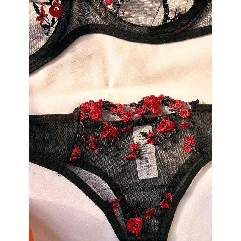 Conjunto de lencería de dos piezas para mujer, sexy, de cintura baja, con bordado floral, de malla transparente