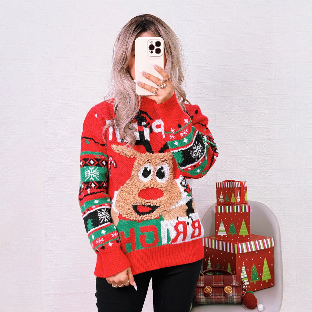 Cartoon Deer Knitted Sweater Round Neck Color Contrast Warm Loose Women's Sweater