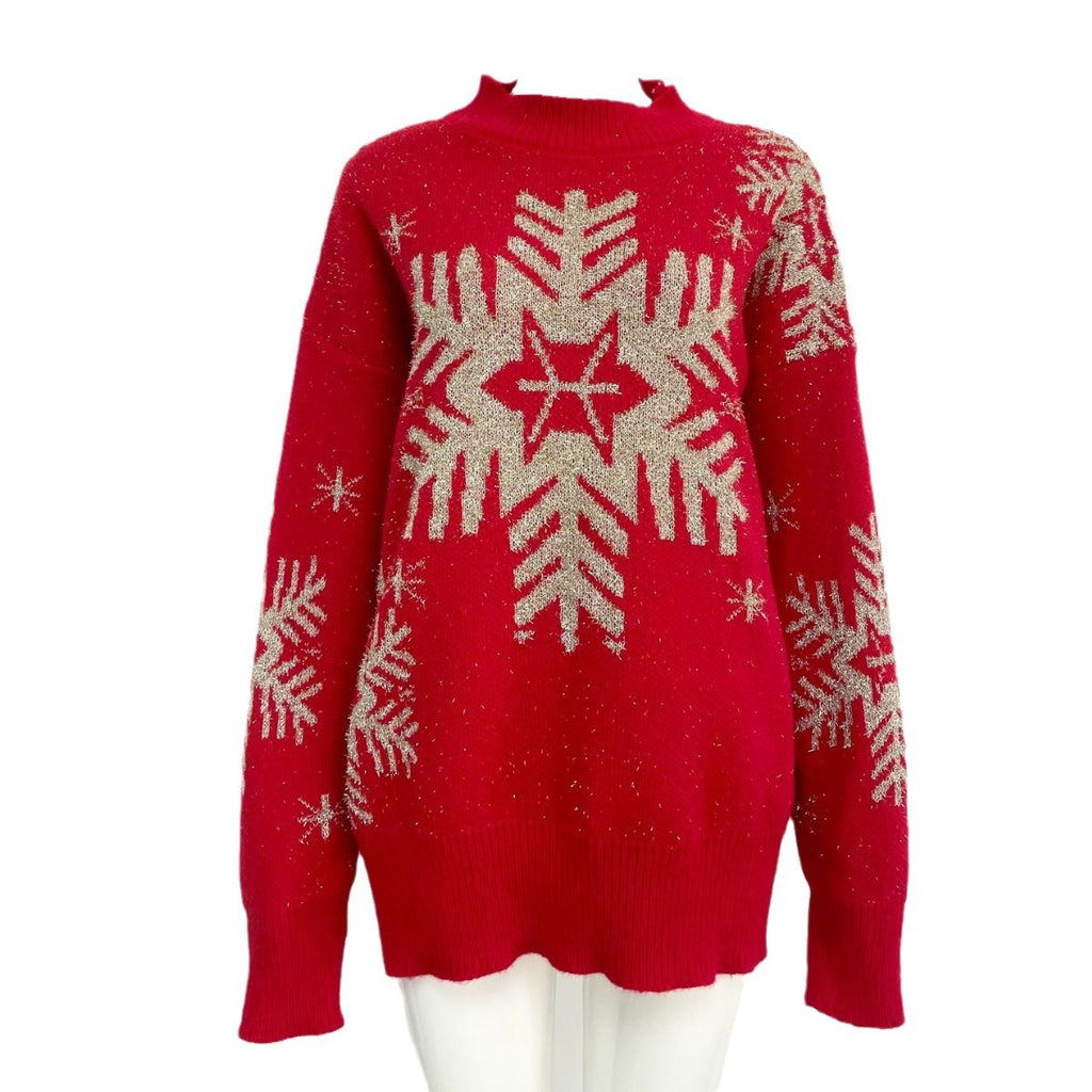 Red snowflake color blocked sweater loose Christmas round neck knit sweater