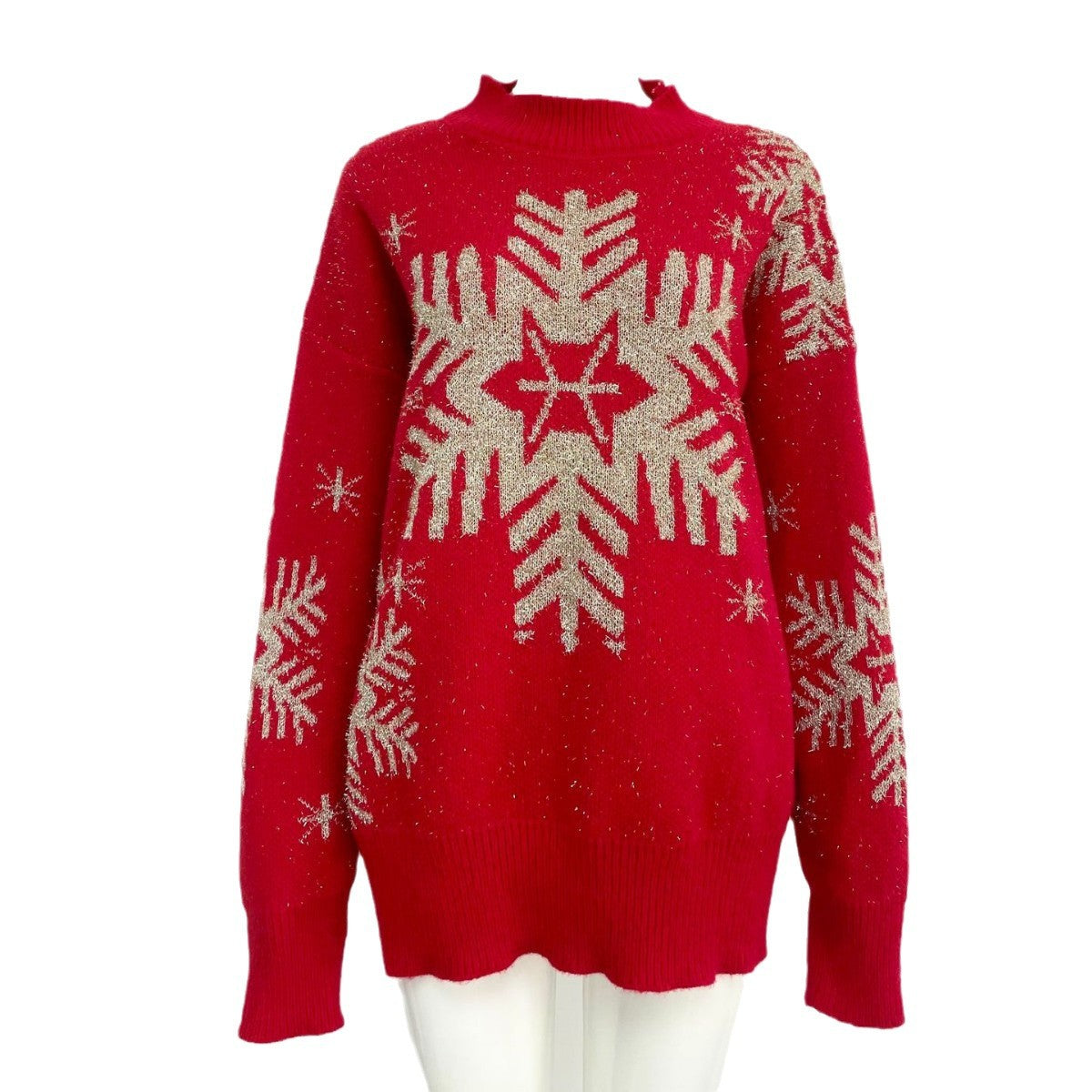 Red snowflake color blocked sweater loose Christmas round neck knit sweater