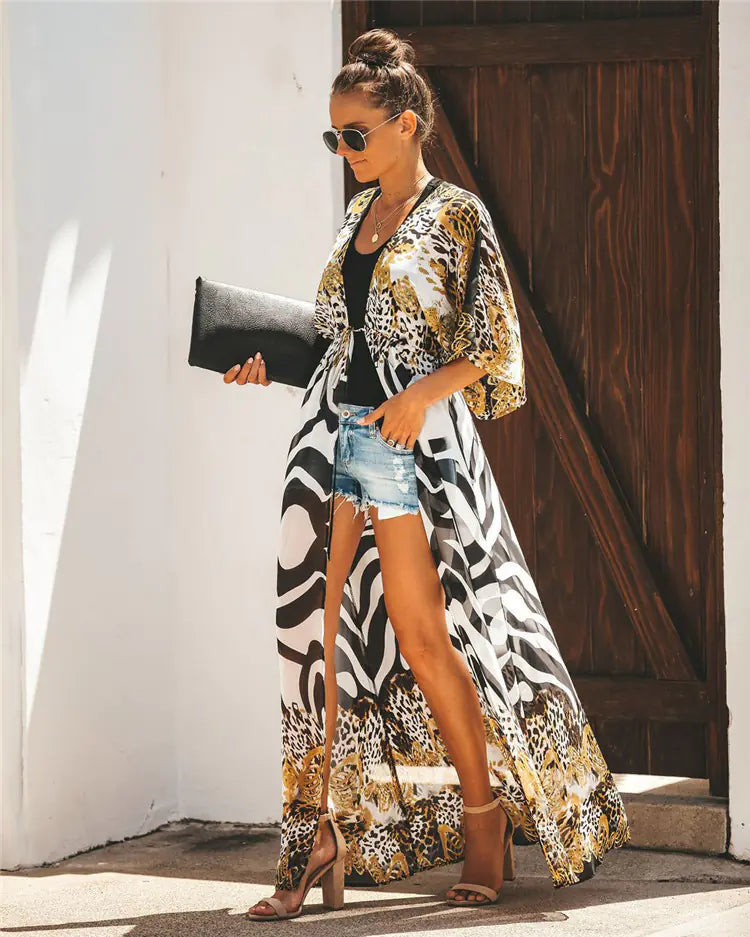 Leopard Print Chiffon Long Cardigan for Swimwear