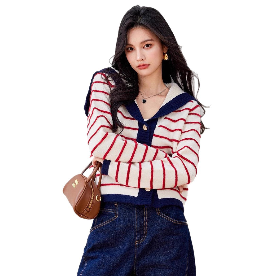 Navy Style Striped Knit Cardigan with Large Turn-Down Collar for Women, Long Sleeve Sweater Top
