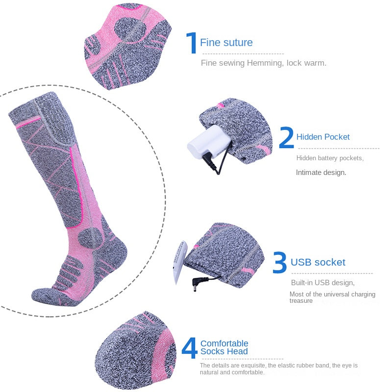 Chaussettes chauffantes intégrales pour l'hiver, rechargeables par USB, chaussettes de ski roses à chauffage électrique
