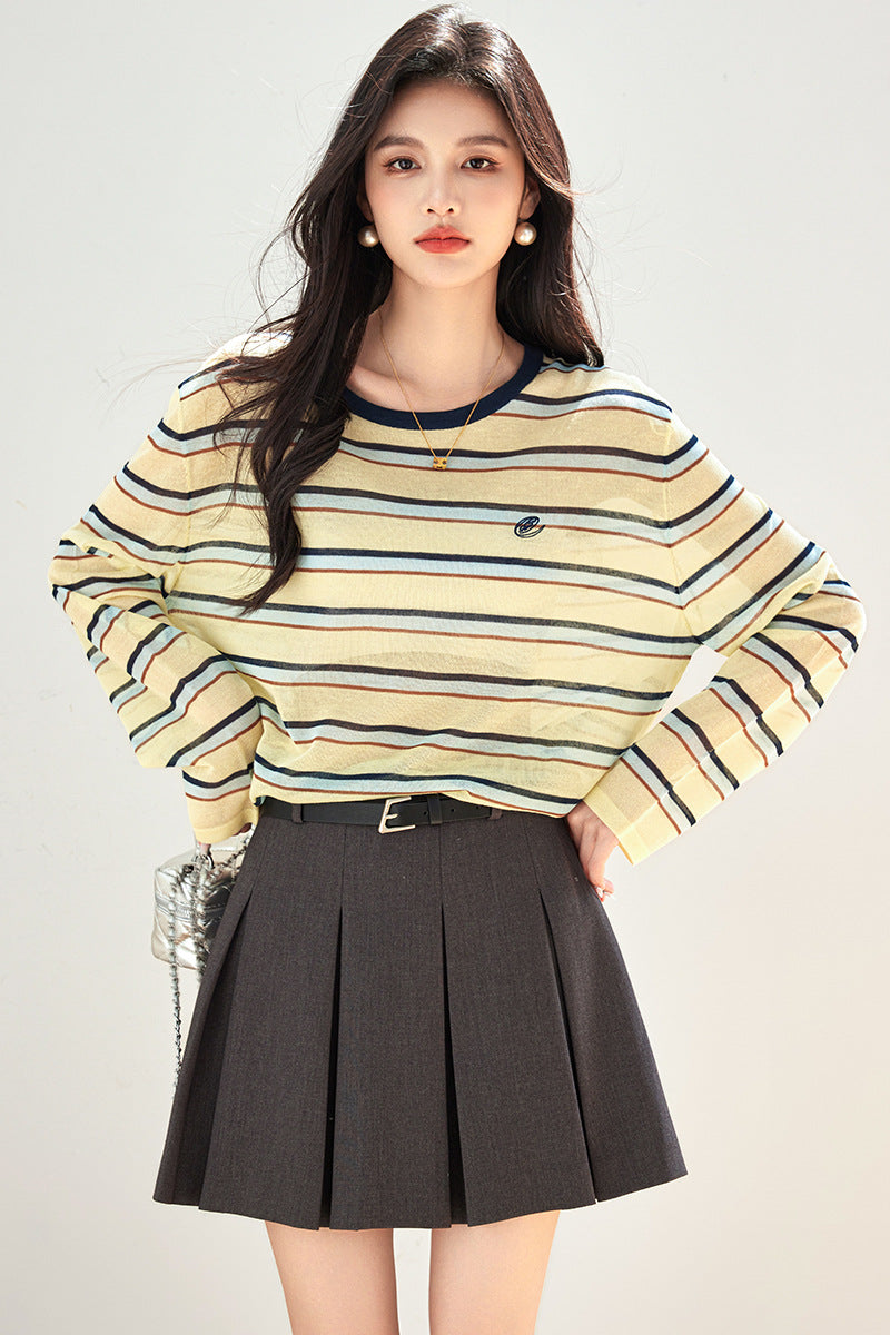Striped Long Sleeve T-Shirt Ice Silk Sun Protection CardiganAutumn Wear
