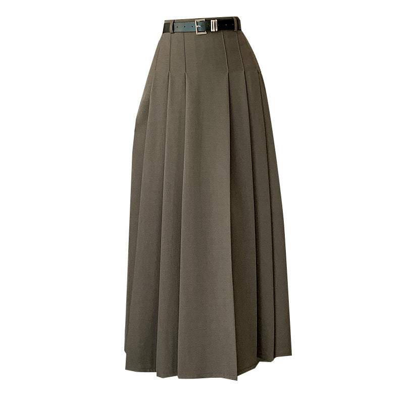 Mid-length A-line Skirt for Women High Waist Pleated Long Skirt Office Style Over-the-Knee Suit Style Umbrella Skirt