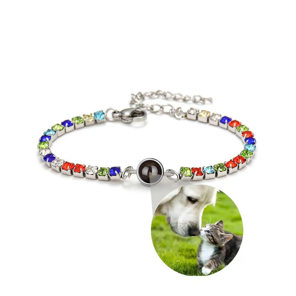 Customized photo projection claw chain inlaid with colored diamonds bracelet women's titanium steel 100 languages