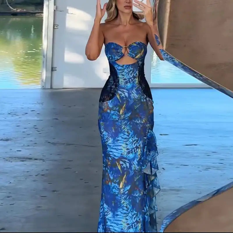 Floral Print Sheer Mesh Bandeau Slit Dress for Women