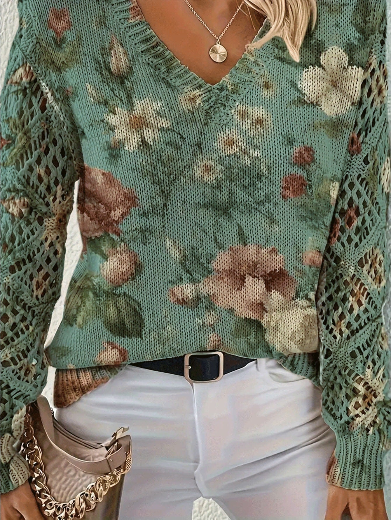 Printed sweater elegant bohemian floral V-neck long sleeved top