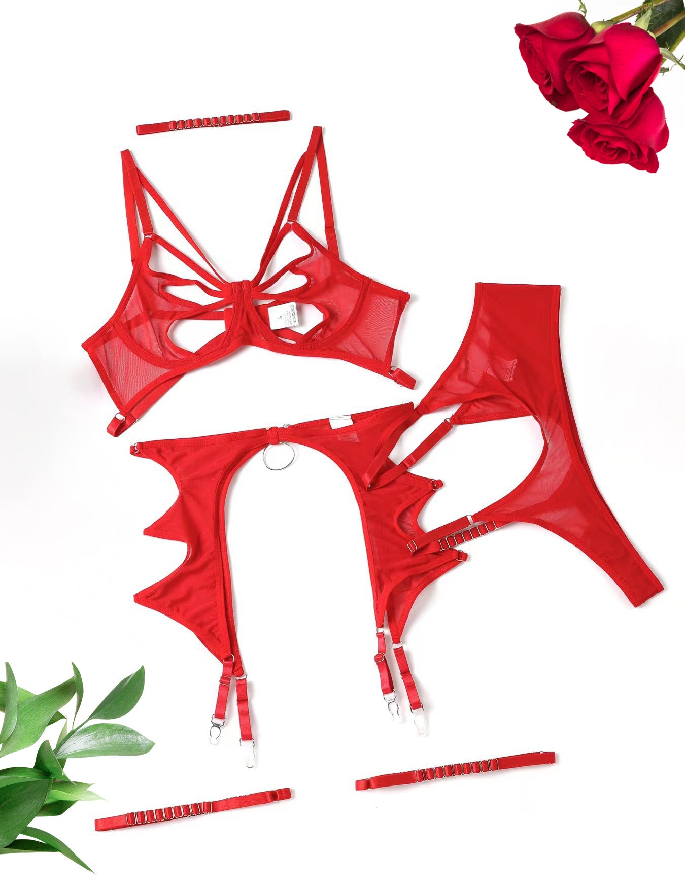 Sexy Hollow-out Splicing Mesh Gathered Body-shaping Underwear Set with Steel Ring