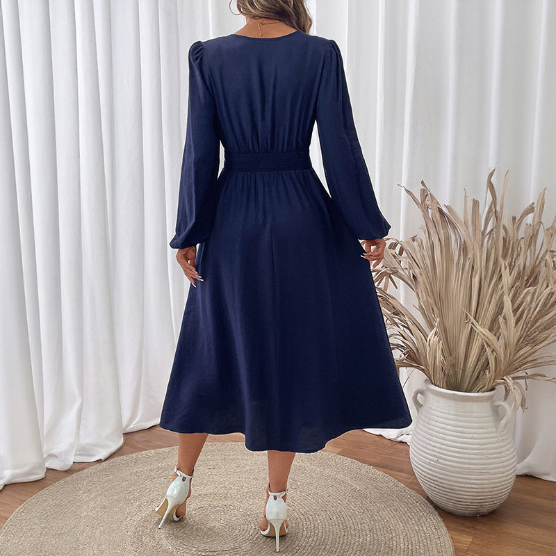 Ethnic style waist cinching V-neck blue embroidered dress for women