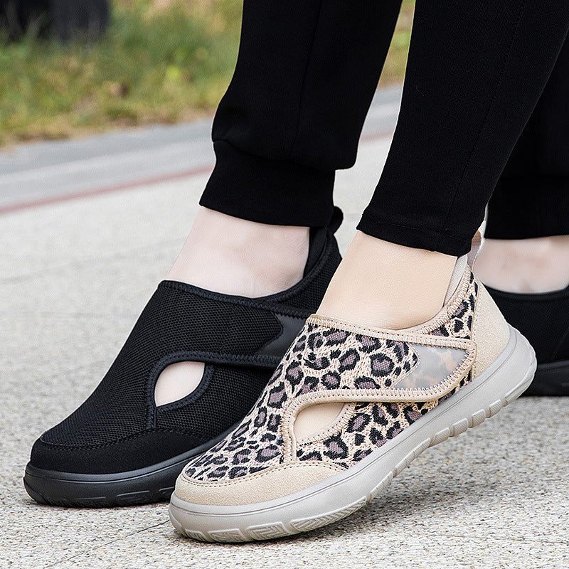 Wide Hook-and-Loop Closure Elderly Walking Shoes Summer Rehabilitation Shoes Simple Lightweight Fly-Knit Mesh Comfortable