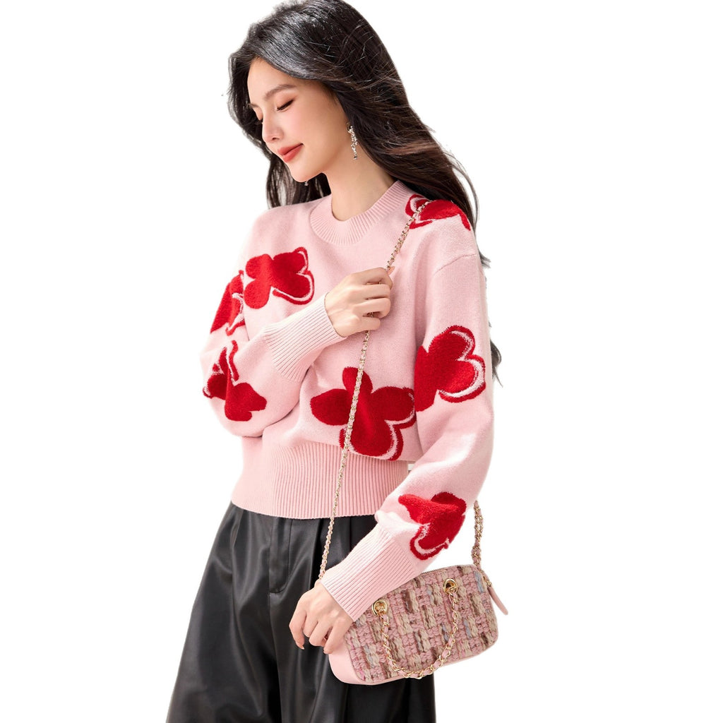 Fashion Color-Blocking Tweed Floral Jacquard Round Neck Knit Top, Stylish and Slim-Fitting Casual Wear