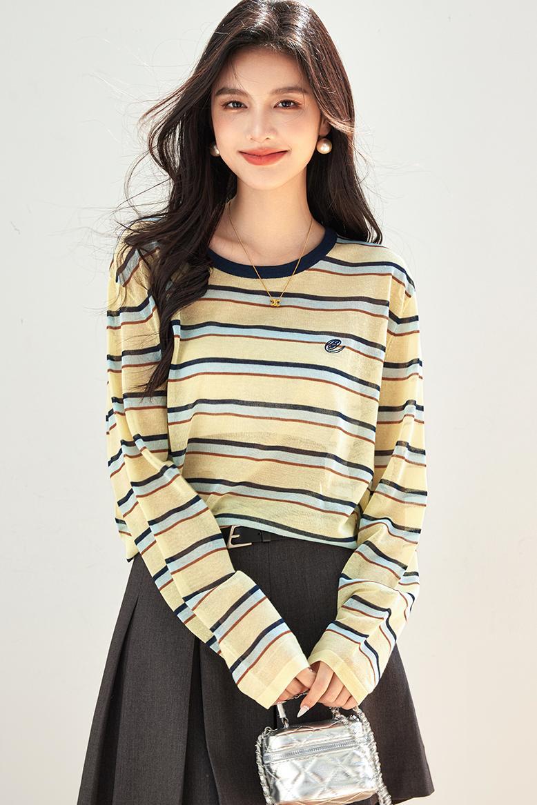 Striped Long Sleeve T-Shirt Ice Silk Sun Protection CardiganAutumn Wear