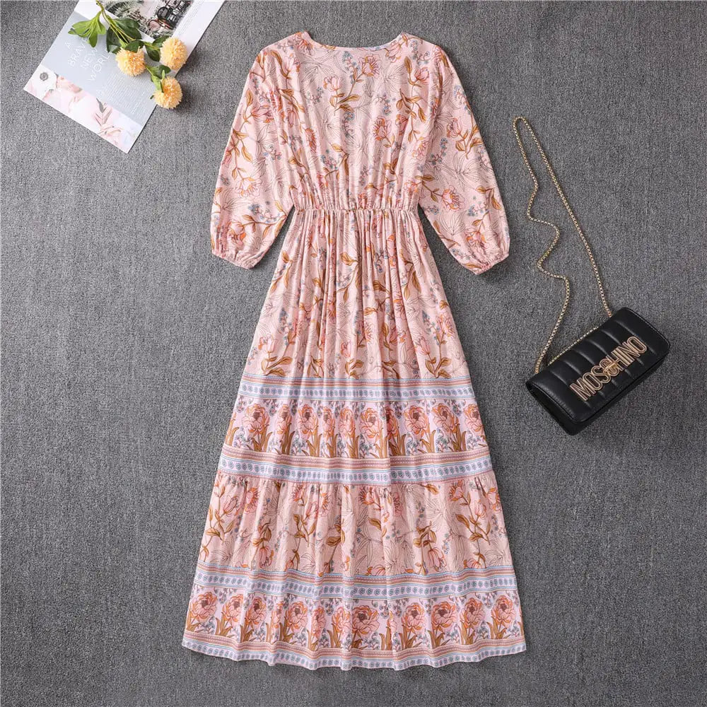 Women's V-neck High Waist Bohemian Mid-length Dress