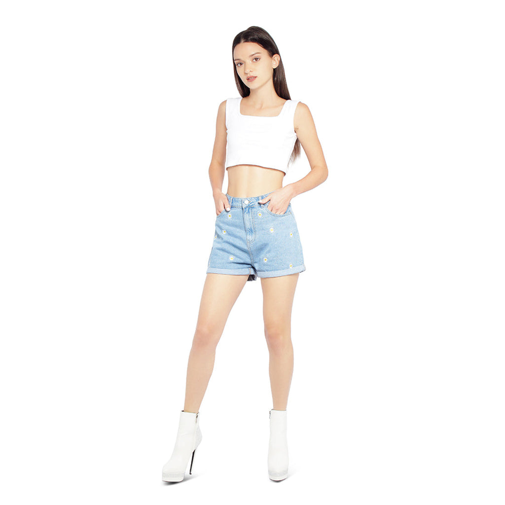 Casual Floral Embroidery Denim Shorts