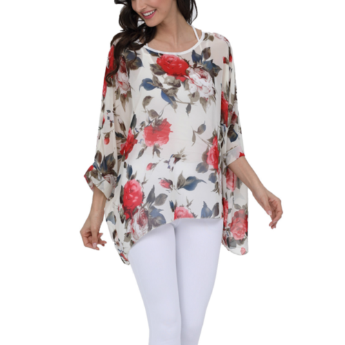 Blusa de gasa con estampado floral de rosas para mujer