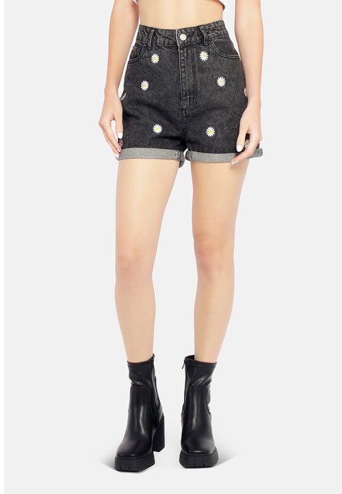 Casual Floral Embroidery Denim Shorts