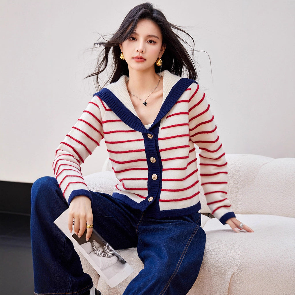 Navy Style Striped Knit Cardigan with Large Turn-Down Collar for Women, Long Sleeve Sweater Top