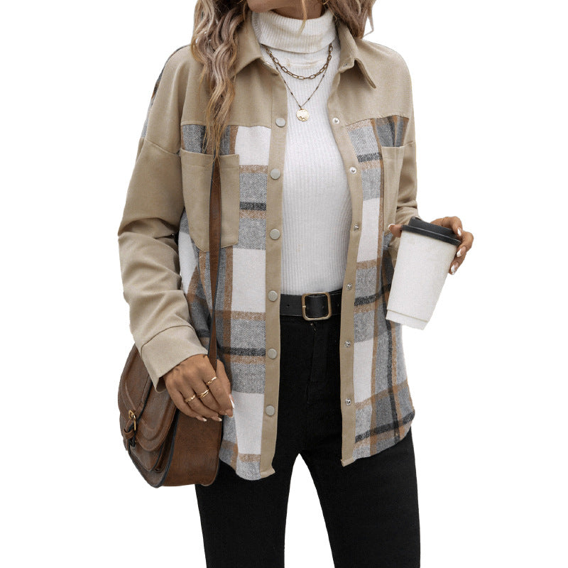 Collar pocket checkered shirt style khaki jacket