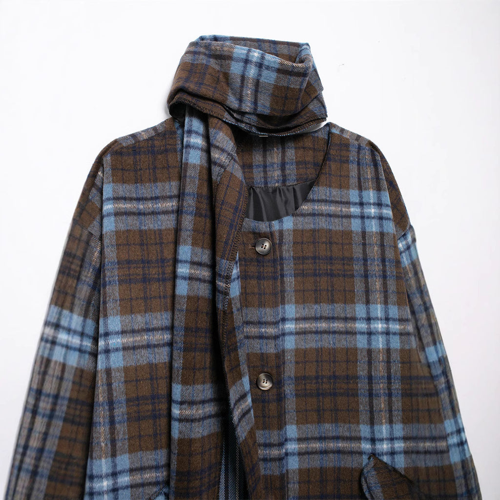 European and American style women's fashion temperament scarf collar long sleeved woolen plaid coat long coat