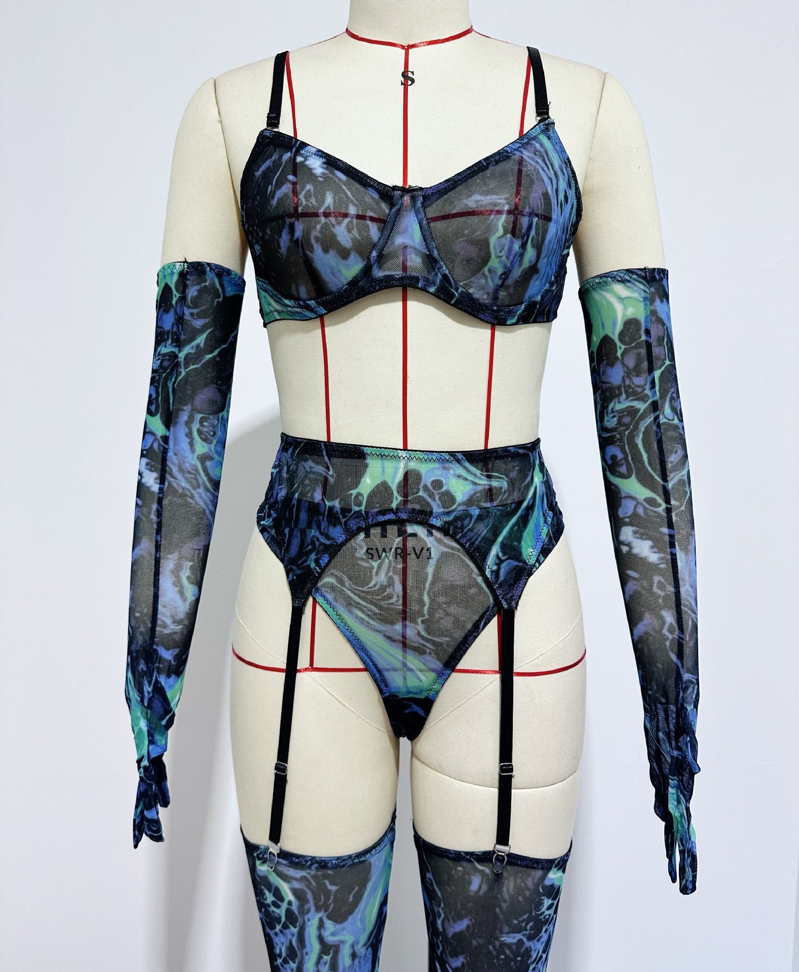 Cross-border  Sexy Underwear Five-piece Set with Gloves, Stockings, Tie-dye Design, Colorful Design, Erotic Underwear Set