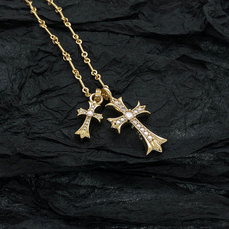 Vintage colored diamond double cross pendant necklace
