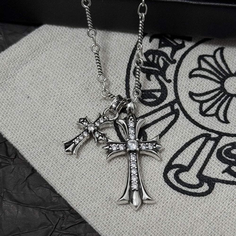 Vintage colored diamond double cross pendant necklace