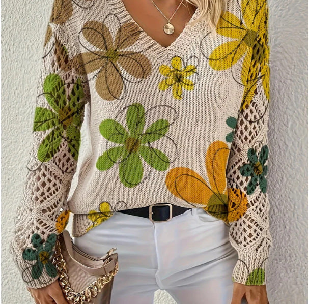 Printed sweater elegant bohemian floral V-neck long sleeved top